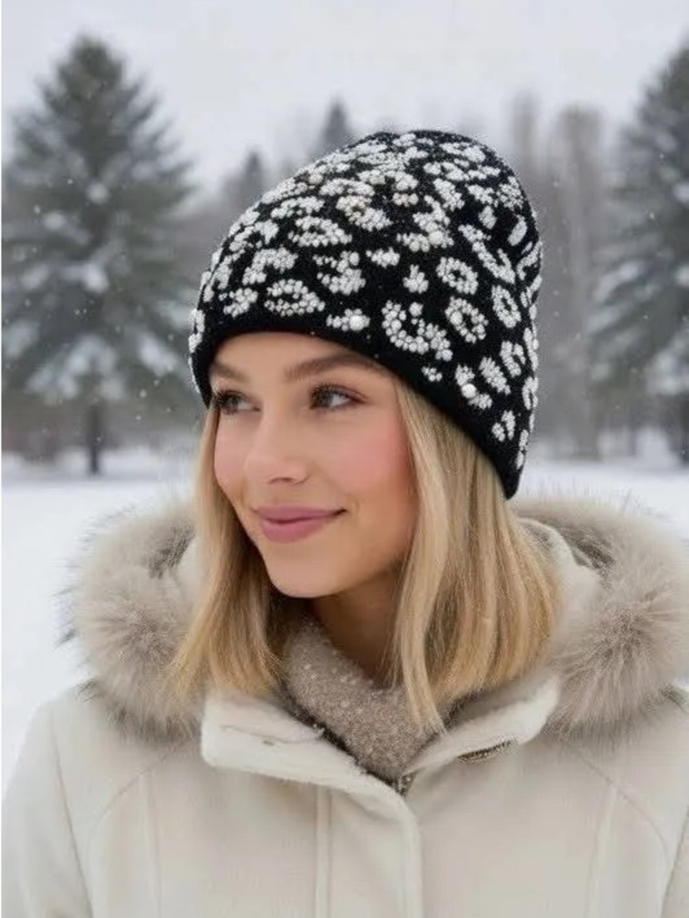 Chico's Black&White Leopard Beanie & Scarf - Picture 3 of 7
